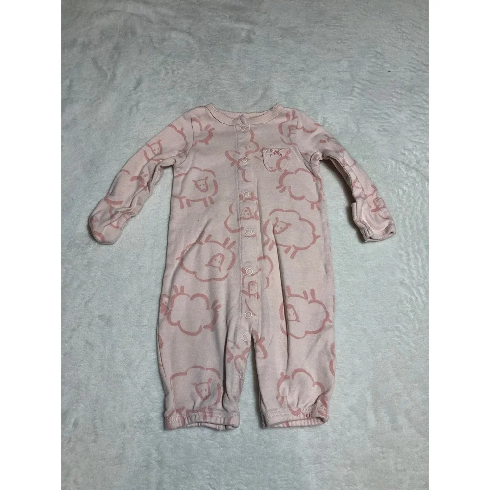 5/$25 Carter's Sleepsuit Baby Girl 3m Pink Sheep Print Snap Front Mitten Cuffs